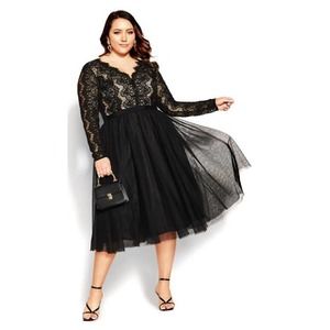 City Chic Rare Beauty Plus Size 16 Lace Bodice Long Sleeve Dress In Black